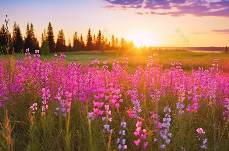夕阳草原中的花簇自然风景摄影图,高清,摄影图,摄影图片,图片大全,摄影图免费下载
